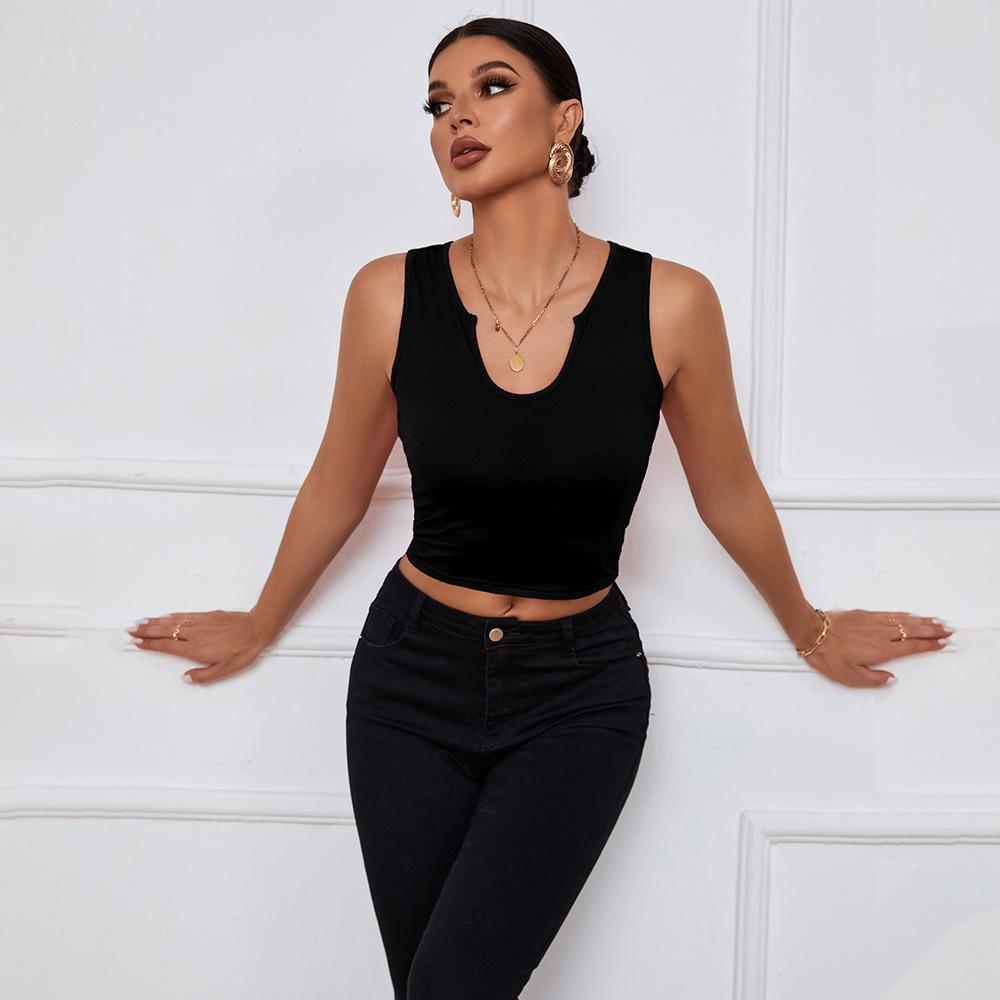 Women Summer Casual Solid Color V Neck Bare Midriff Vest Crop Top