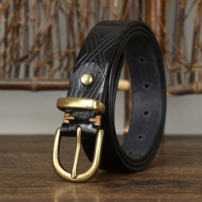 Belt Women's Retro Fashion Trends Distressed Embossed Washed Leather Pin Buckle First Layer Cowhide Jeans Belt Women's