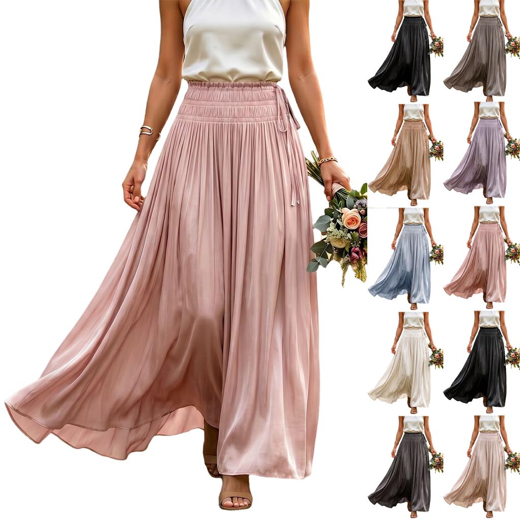 Women’s High Waist Elastic Waistband A-Line Maxi Skirt Flared Hem Loose Fit Lightweight Flowing Fabric Long Skirt for Daily Wear