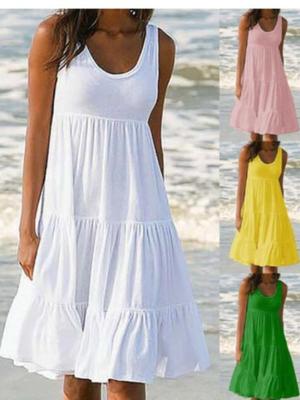 Oversized O λαιμό αμάνικα βολάν Φαρδιά φόρεμα παραλίας Γυναικείο Boho Μονόχρωμο Plus Size Κομψό Sundress Club Party Vestidos