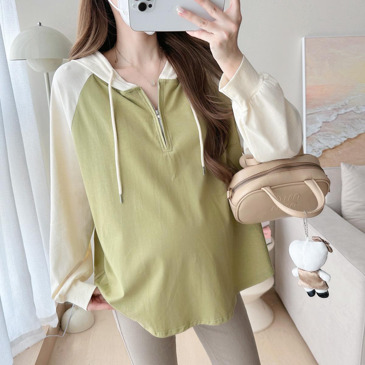 2025 Early Spring Color Block Hooded Sweatshirt - Loose Fit, Plus Size Maternity Wear for Women XL
