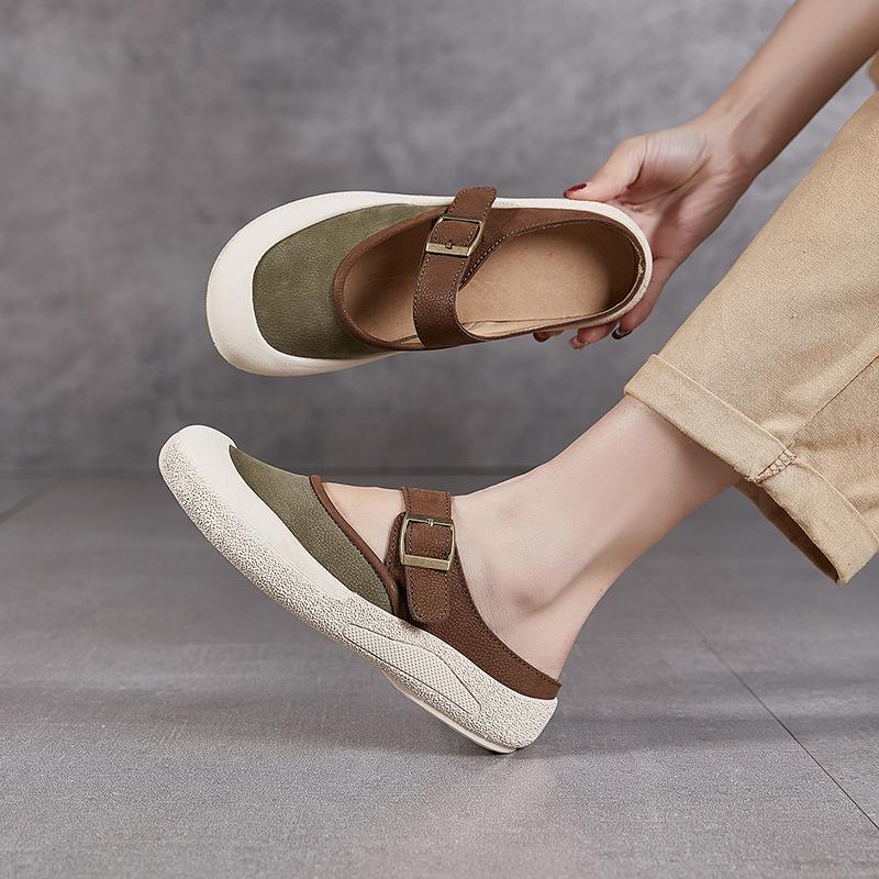 

Genuine Leather Slippers Simple Top-layer Cowhide Shoes with Buckles Rubber Soles One-legged Toe Covers Cool Slippers 40 оливковое зеленый