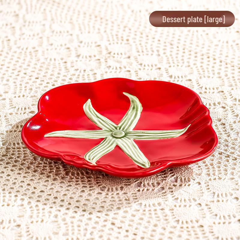 Tomato Ceramic Tableware: Tomato-Shaped Dinner Plates, Heart-Shaped Dessert Bowls, Festive Fruit Plate, Red Storage Jar.