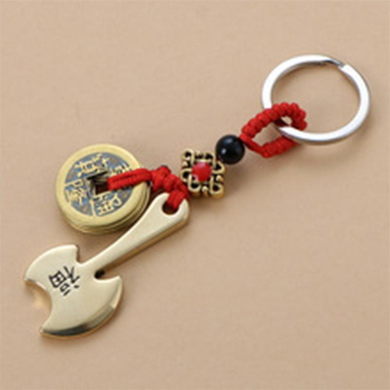 Vintage Lucky Finely Crafted Pure Copper Gourd With Five Emperors CoinsKeychain Charm Feng Shui Keyring Wealth-Attracting Decor