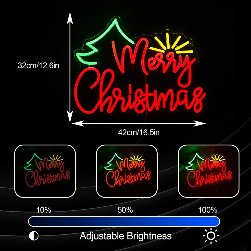 Merry Christmas Neon Sign, Merry Christmas Neon Tube, Sunshine Light Up Sign, Dimmable Christmas Tree LED Neon Light for Christmas Party, New Year's,