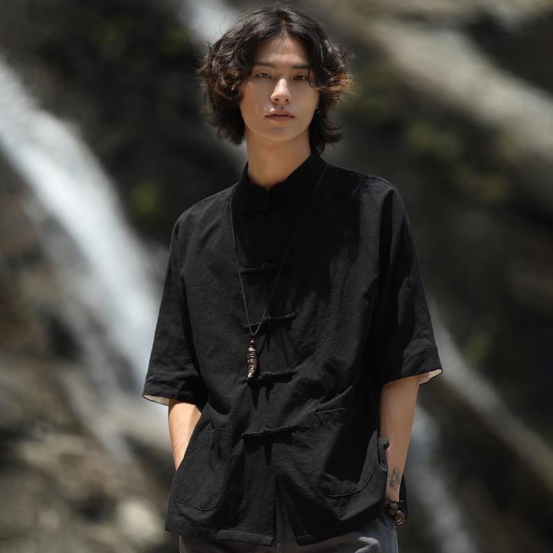 

Мужской костюм Тан: Льняная рубашка в стиле ретро-китайского кроя с рукавом три четверти и воротником-стойкой 3XL for 145-160 jin