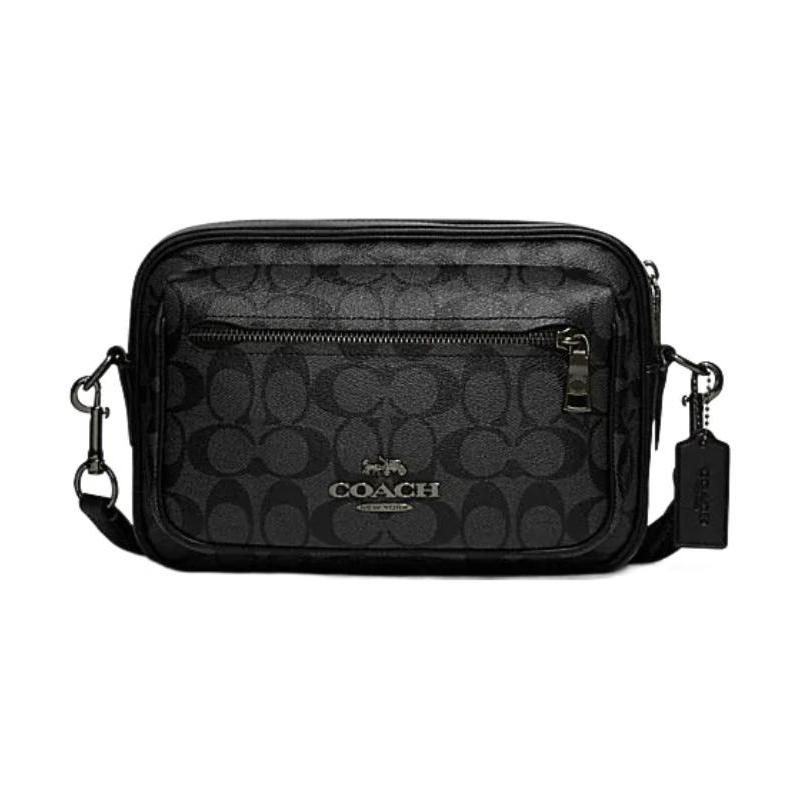 

COACH Elise 25 solid color letter logo zipper classic presbyopia coated canvas and cowhide leather crossbody bag men s black чорний