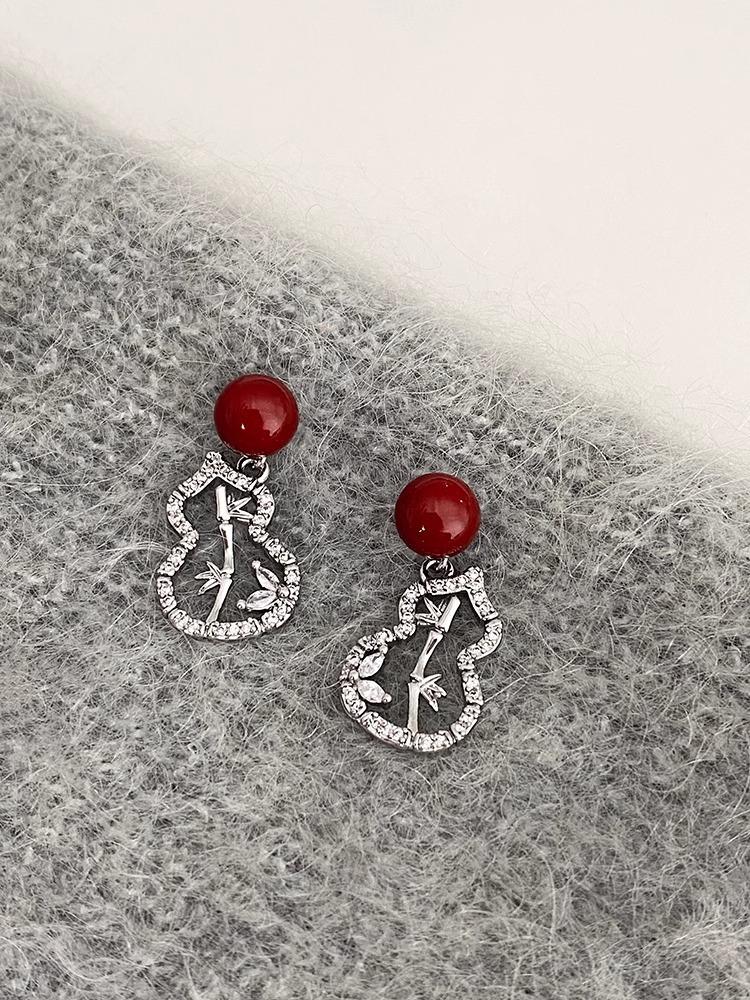 Silver Needle Ankara Red Premium Textured Burgundy Autumn and Winter New Chinese Gourd Earrings Women
