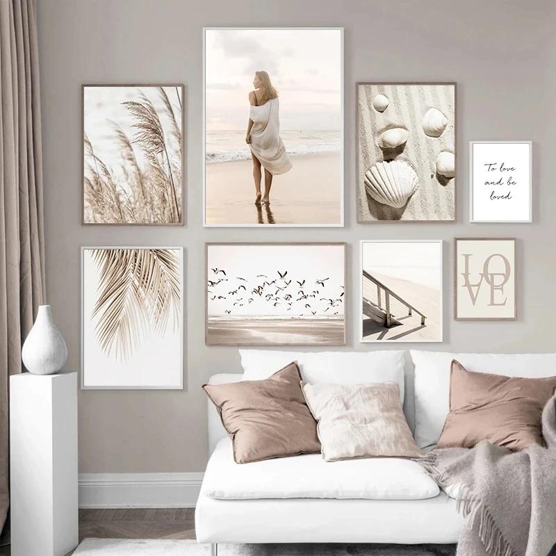 Beige Beach Girl Shell Nordic Poster, Canvas Wall Art Print, Landscape Leaf, Reed Decor, Elegant Pictures for Living Room