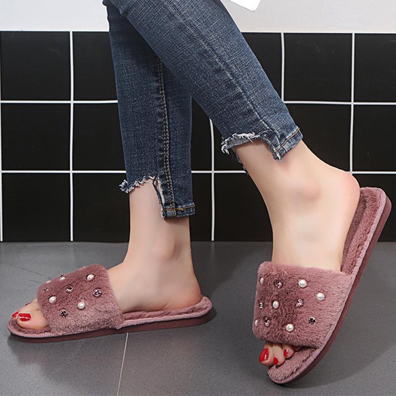 

Fashion Chic Starfish Pearls Flurry Slippers Women Comfort Faux Fur Warm Bedroom Cotton Slippers Woman Winter Slip On Plush Slides Mujer 40-41