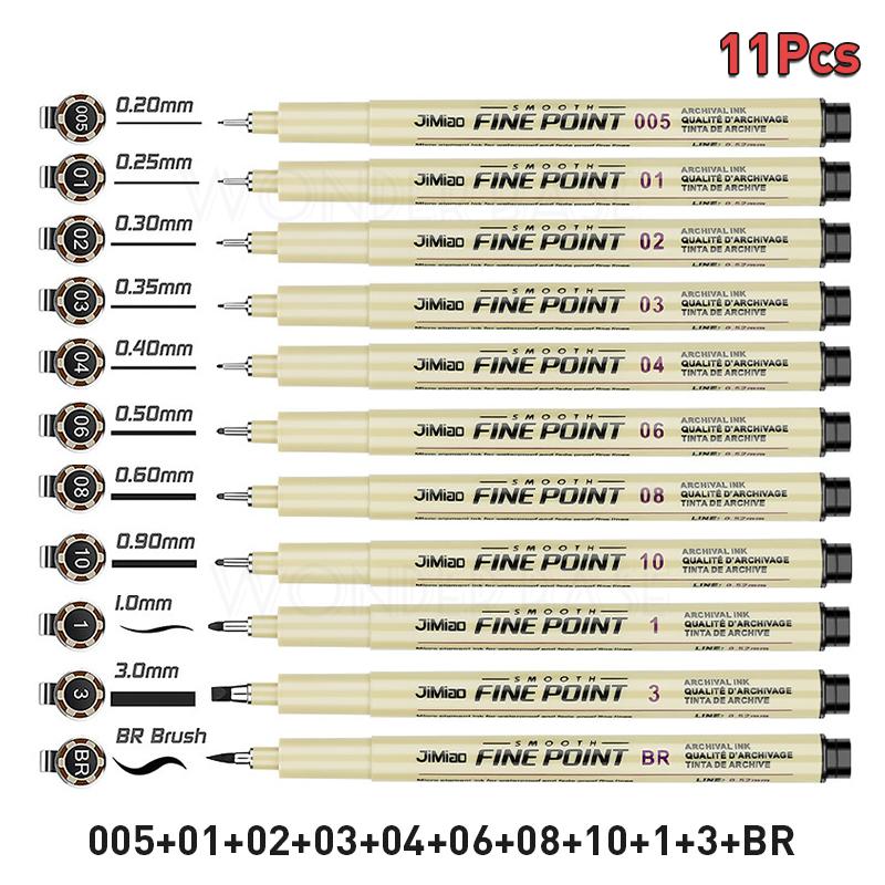 12 Nibs Pigment Liner Micron Ink Marker Pen for Manga Draw Sketching Needle Pen Hook Line Pen Sketch Stationery Set Art Supplies
