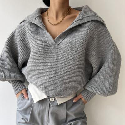 Women Knitting Tops Lapel V-Neck Long Sleeve Solid Color Sweater Loose Fit Warm Knitting Tops Knitwear