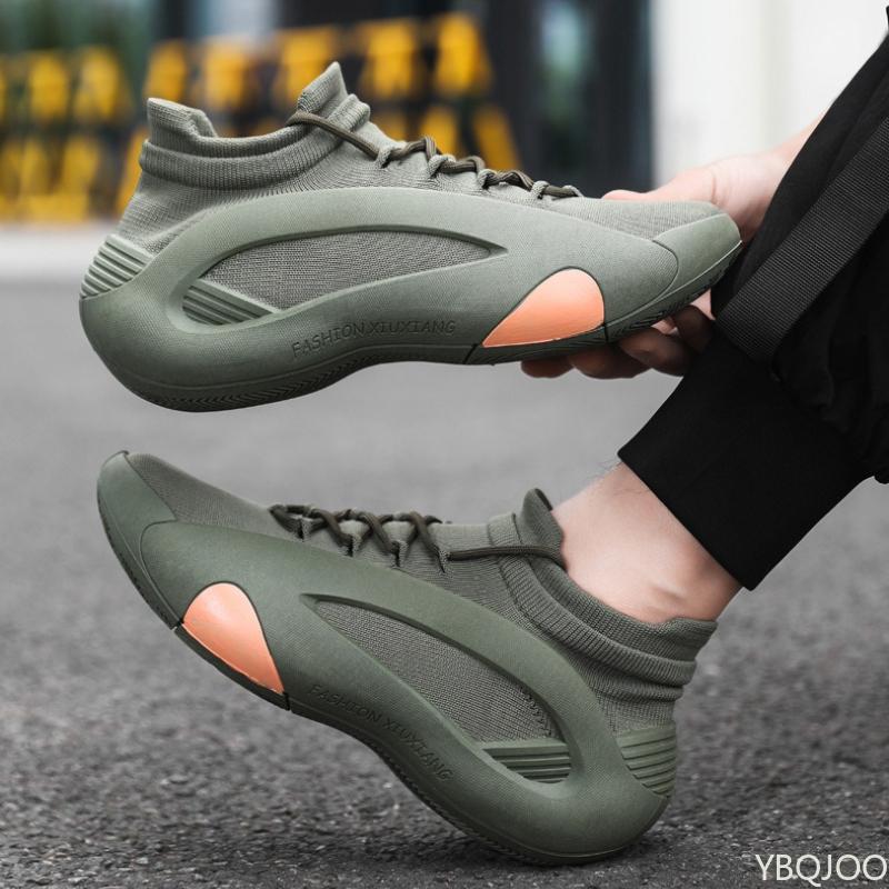 Vår och Höst Nya Elastiska Strumpor Herrskor Mellanhöga Andningsbara Tjocksulade Casual Stor Storlek Herrdesigner Skor