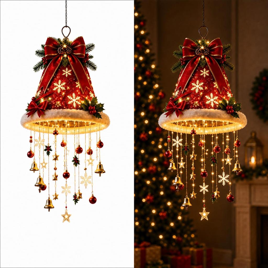 Lighted Santa Hat Hanging Chandelier, Indoor Outdoor Christmas Decor,Warm LED Christmas String Light with Festive Tassels