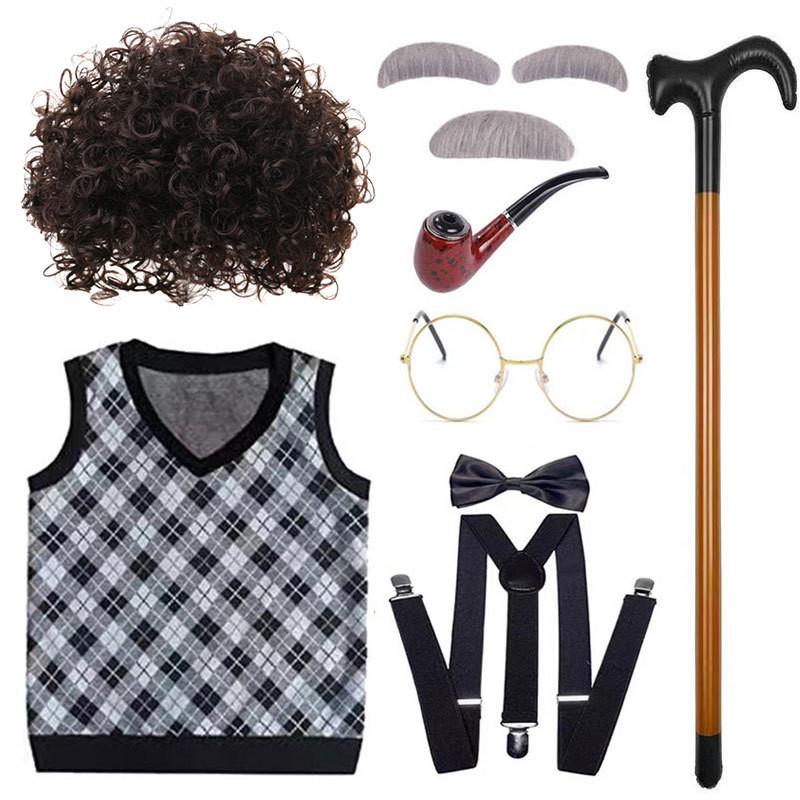 Classic Grandfather Costume Wig Set Featuring Short Soft Curly Hair And Stylish Vest For Kids