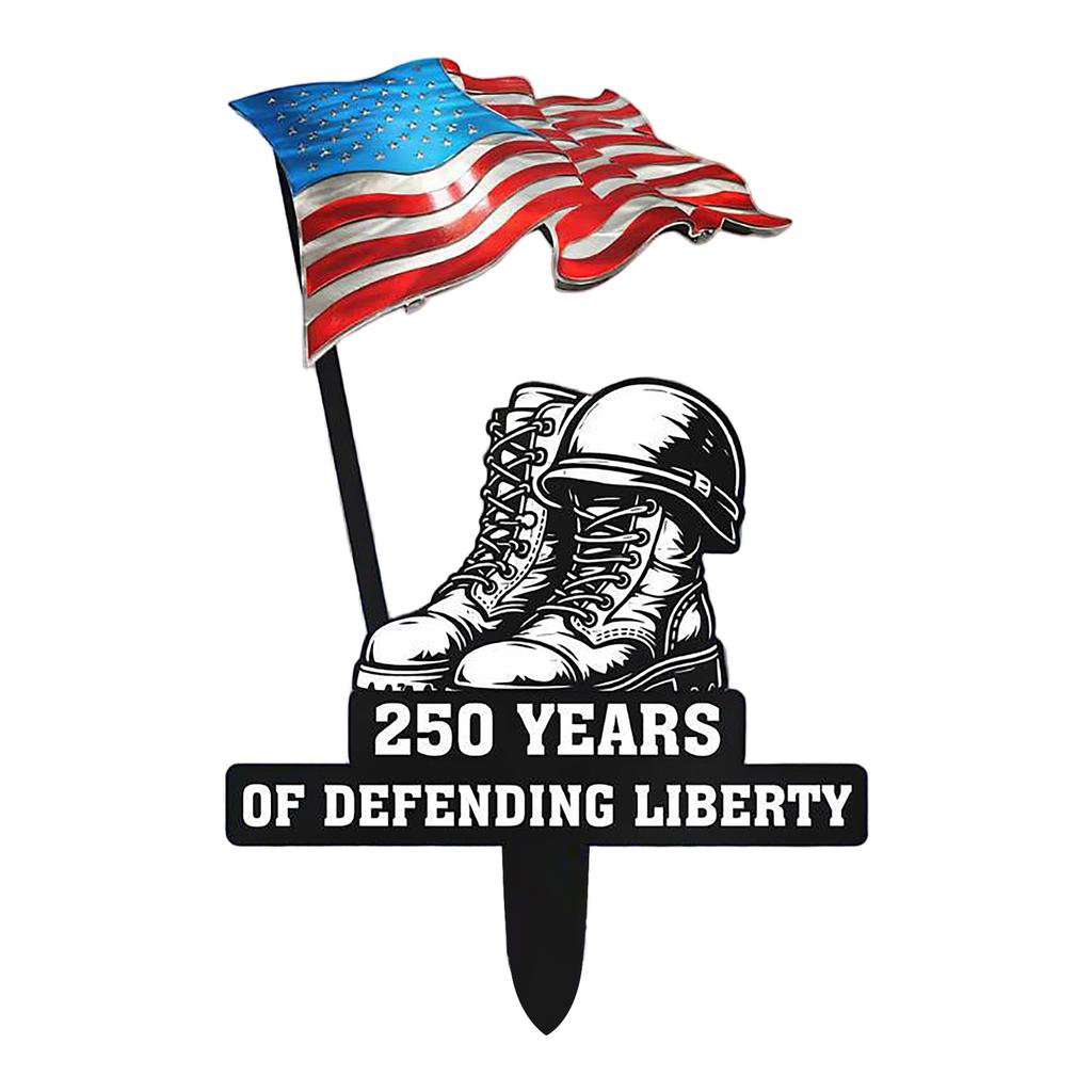 Metal Garden Stake Featuring Soldier Silhouette and Flag Design Commemorating 250 Years of Defending Liberty for Outdoor Display