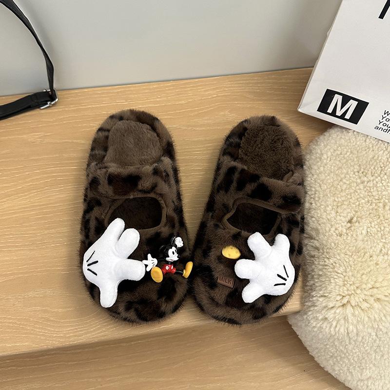 High-value Cartoon Mickey Thick-bottomed Cotton Slippers 2025 New Sweet and Cute Foreign-style Fluffy Slippers