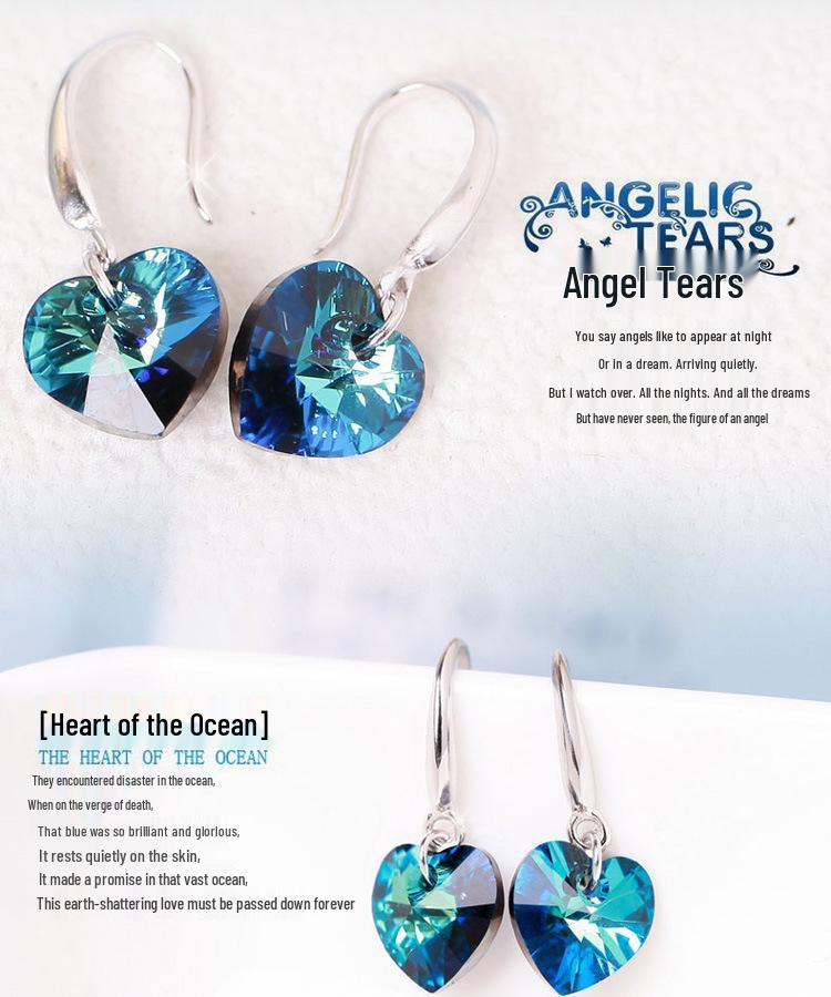 Korean Ocean Heart Blue Crystal S925 Silver Women's Earrings