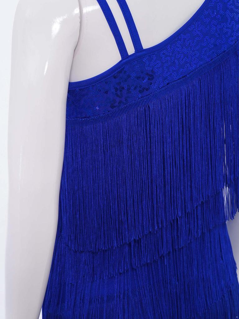 Mädchen Modernes Standardtanzkostüm Ärmellos Stufige Quasten Body Asymmetrisches Design Latein Salsa Tanzbekleidung