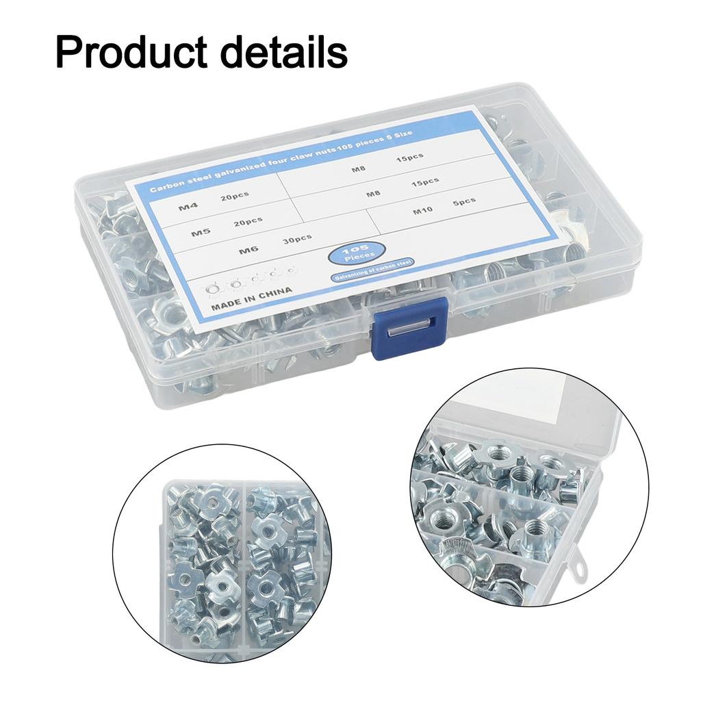 Tee Nut Set with 105 Pieces of Sturdy Zinc Plated Steel; Great for Household Repairs and Office Equipment Assembly Needs