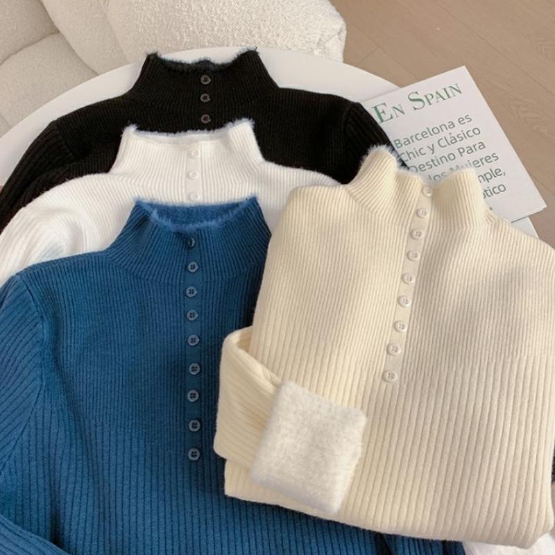 Vintage Einteiler Langarmpullover aus Samt für Damen, Herbst/Winter, neuer eleganter Pullover mit hohem Hals, koreanische Version, samtgepolstertes Unterhemd