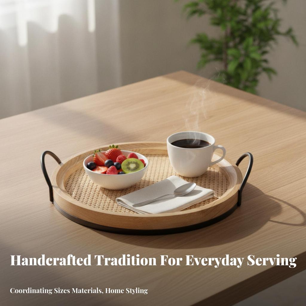 Serving Tray with Woven Inset Elegant Round Handles