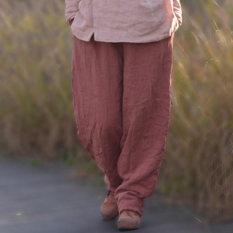 Johnature Women Winter Wide Leg Pants Cotton Linen Warm Trouser Solid Color Elastic Waist Pockets Vintage Female Pants