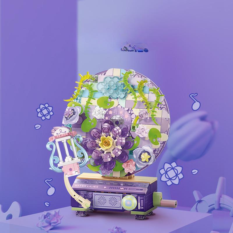 Building Block Flower Language Rotary Record Machine Is Compatible with Children's Assembled Educational Diy Toys