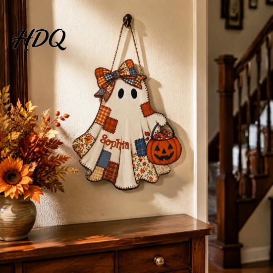 Unique Halloween Souvenir Gifts Wooden Patchwork Ghost Pendant Vintage Autumn Harvest Hanging Sign Cute Door Sign Pendant with Rope for Home