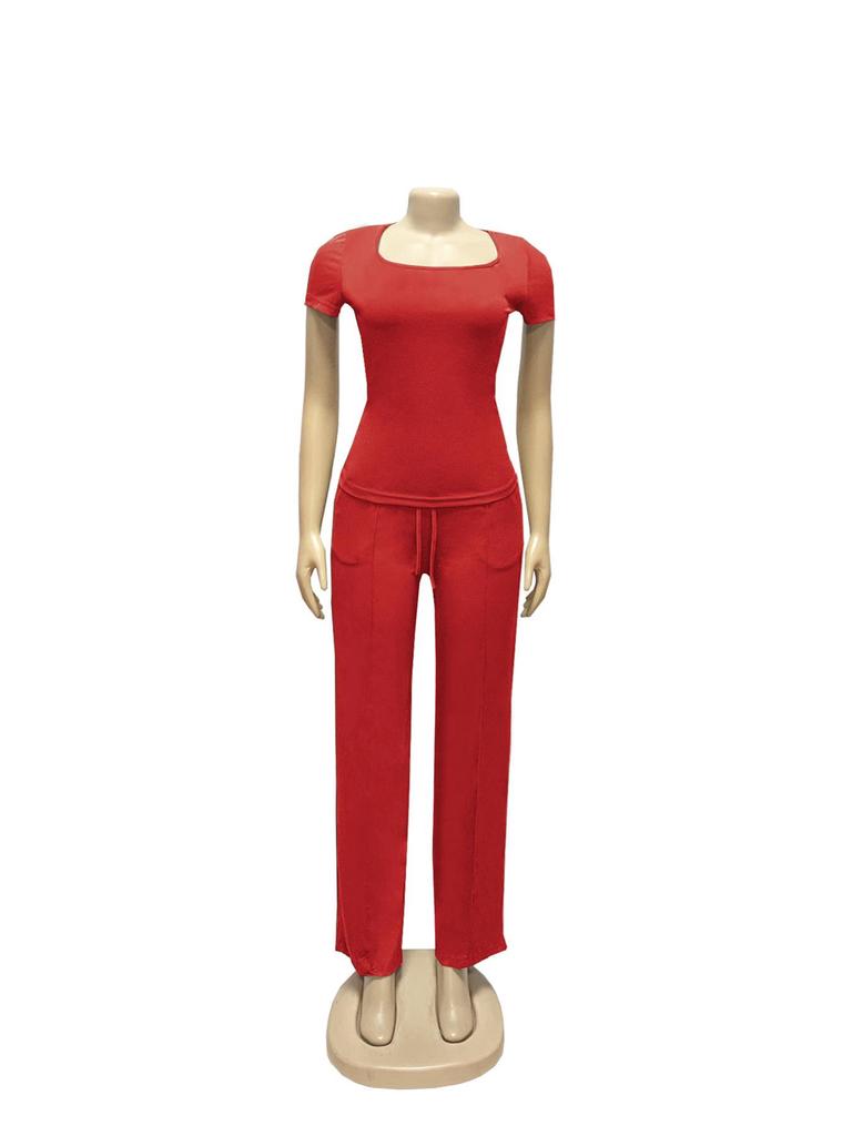 TW730 Summer Fashion Solid Color Square Neck Top & High Waist Wide Leg Pants Set