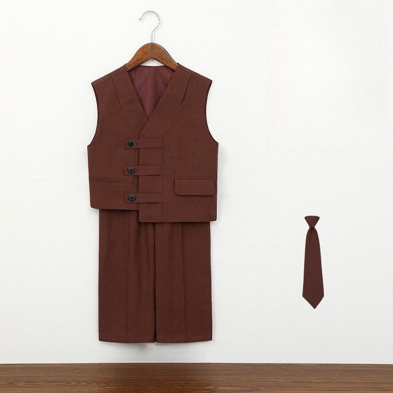 Boys 3Pcs Formal Vest Suit Set, Kids Vintage Plaid Waistcoat Pants Tie Outfit, Children Gentleman Wear for Wedding/Party/Performance 2-12Y