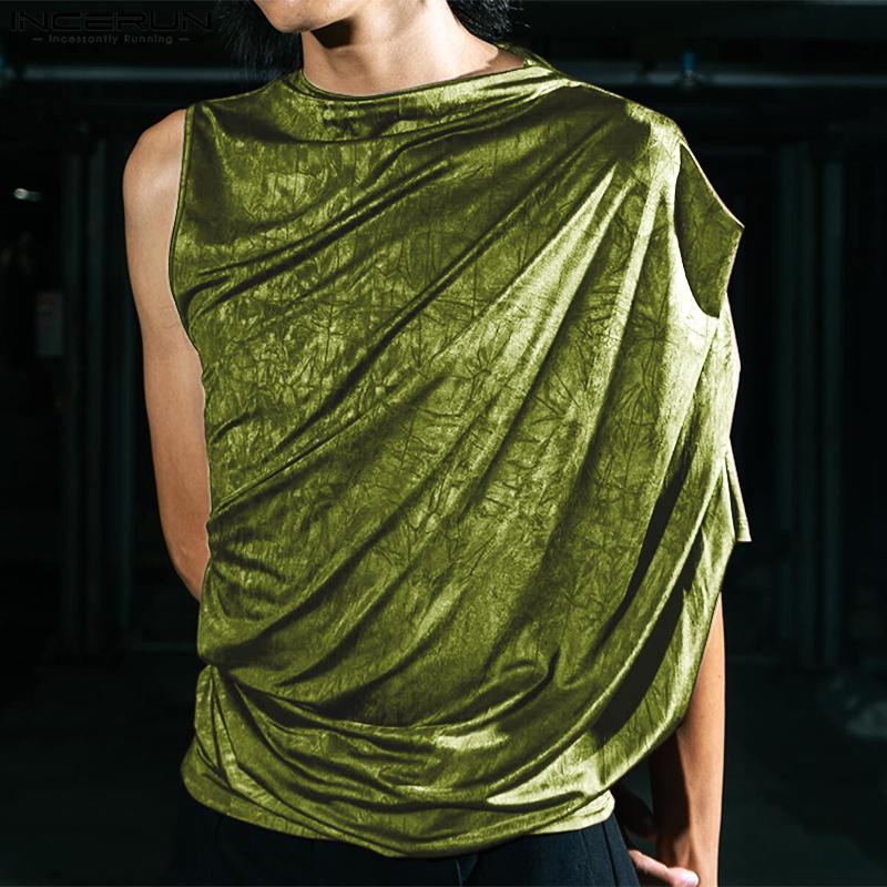 INCERUN Men One Shoulder Backless Velvet Glitter Ruffled Tops Casual T-shirts