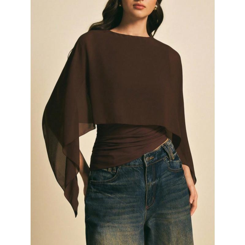 Women Irregular Pleated Covers New Slim Fit Short Blouse Fashion O-neck Elegant T-shirt Spring Loose Solid Color Casual Crop Top