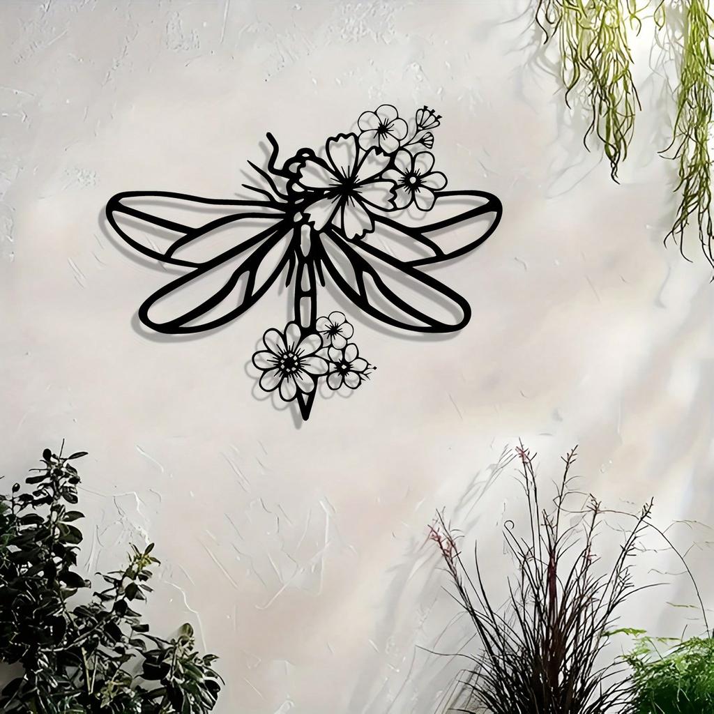 Metal Dragonfly Wall Art Iron Sculpture with Floral Detail Indoor Outdoor Decor Living Room Bedroom Gift Rustic Nature