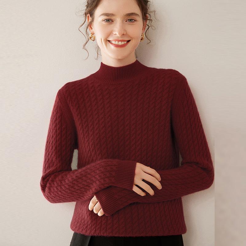 Women's Half-High Collar Cable Knit Cashmere Sweater - Korean Style Thick Pullover for Autumn and Winter