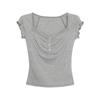 Summer new gray lace splicing short-sleeved T-shirt Korean simple design slim-fitting versatile top ins