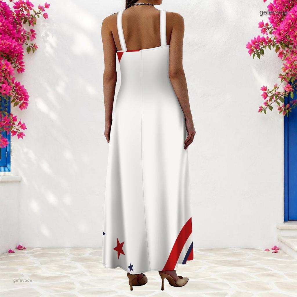 Women Plus Size Scoop Neck Strappy Sleeveless A Line White Red Printed Maxi Dress