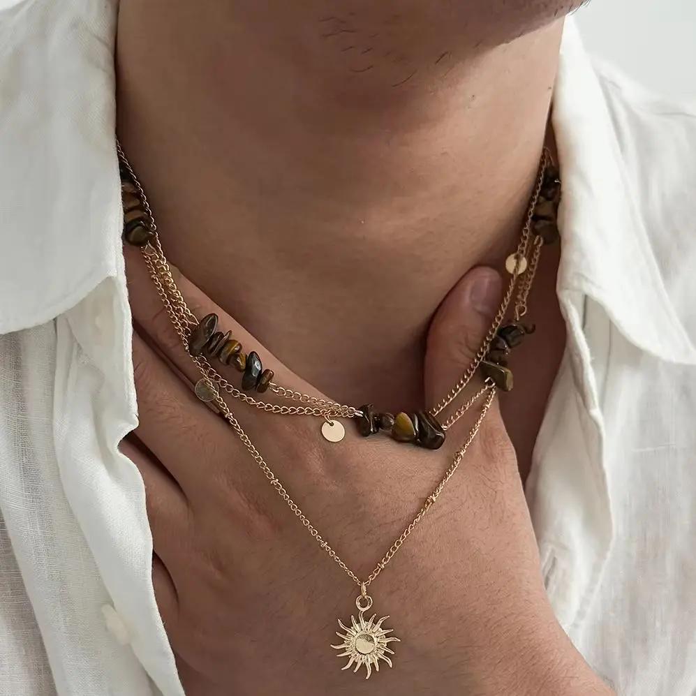 1117 New Fashion 1Pcs/Set Personality Metal Sun Flower Pendant Necklace for Men Trendy Turquoise Neck Chain Jewelry Accessories