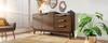 Living Room Chest of Drawers, Oak, Marble-Look Top, Open Shelf + 3 Drawers & Double-Door Cabinet, Solid Wood Legs, Robot Vacuum, H77/W120/D40 cm