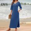 Casual Dress Women Maxi with Side Pockets V Neck 3/4 Sleeves Loose Slit Hem Solid Color Patchwork Pullover Beach