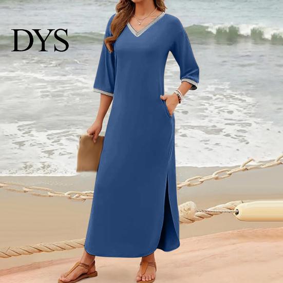 Casual Dress Women Maxi with Side Pockets V Neck 3/4 Sleeves Loose Slit Hem Solid Color Patchwork Pullover Beach