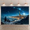 Merry Christmas Tapestry - Festive Castle Desert and Camel Patterns Starry Night View Blue Accents Polyester Material
