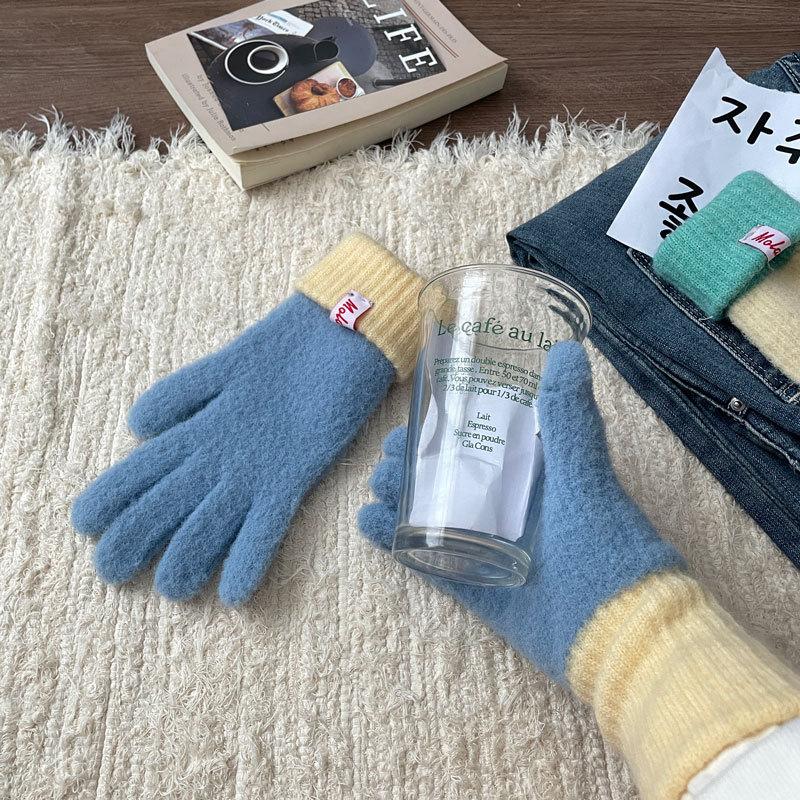 Contrasting Color Gloves Fashionable Gloves Unisex Winter Knitted Gloves with Touch Screen Anti-slip Elastic Thick for Cycling