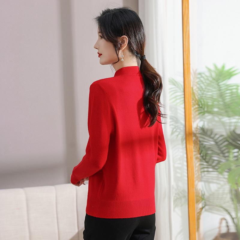 Women's Retro Qipao Collar Knit Sweater - Plus Size, Loose Fit, Solid Color for Middle-Aged & Elderly (2023 Autumn/Winter)