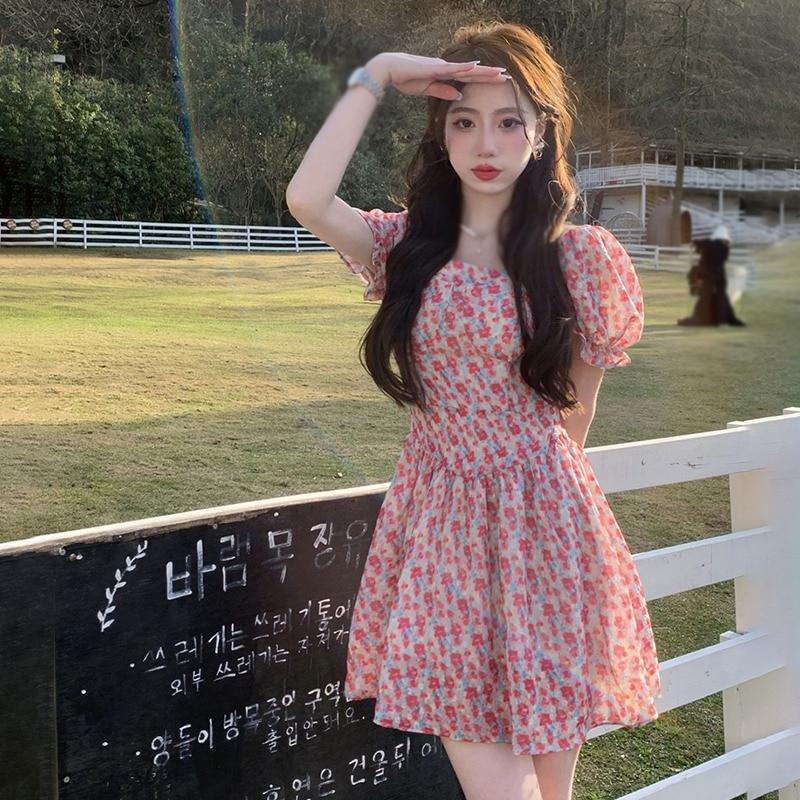 

Летнее женское платье с цветочным принтом, шифоновое платье с пышными рукавами и квадратным вырезом, женское повседневное платье с высокой талией XL