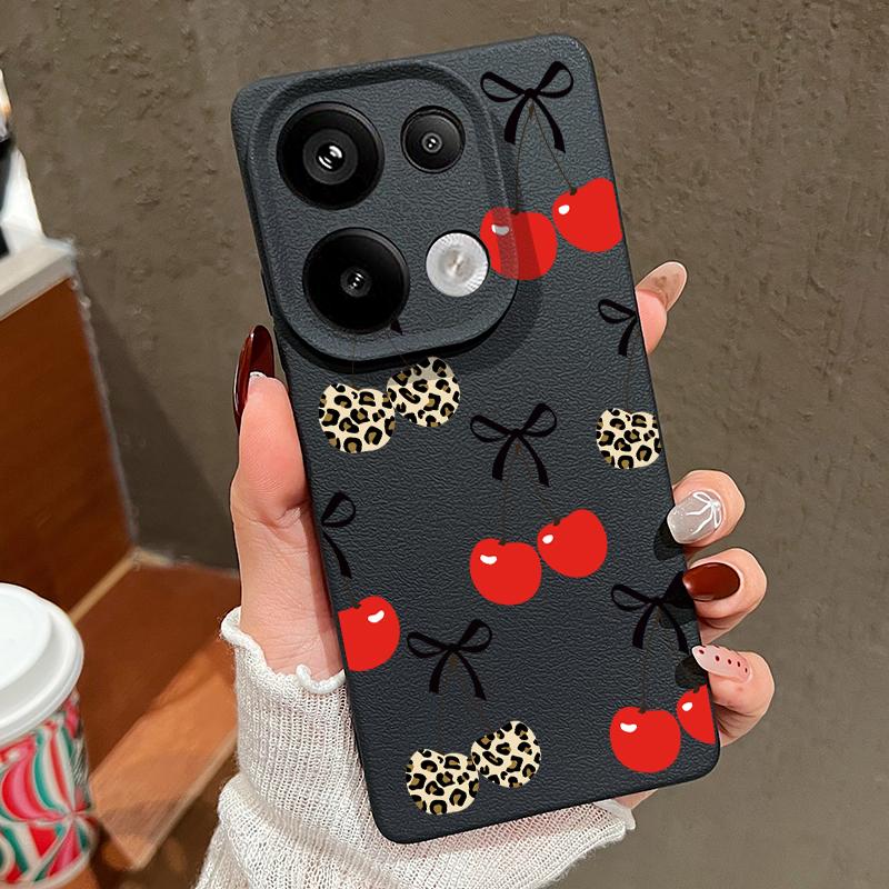 Cartoon Cherry Fruits Case For Xiaomi 13T Pro Redmi Note 15 Pro 4G Redmi Note 14 13 Pro+ 5G Leather Texture Silicone Cover