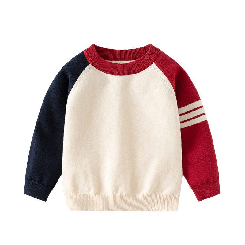 Boys' Round Neck Thin Pullover Sweater Kids Color Matching Sweater Spring and Autumn Baby Boys' Bottoming Shirt Tops