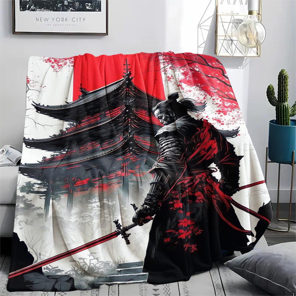 1Pc Japanese Samurai Print Flannel Blanket, High quality Comfortable for All Seasons, Home Decor, Warmth and Comfort, Perfect for Christmas Gifts