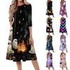 Women's Halloween Print Casual Fashion Round Neck Three Quarter Sleeve Mid Length Dress Suitable for Seasonal Wear Comfortable Fit