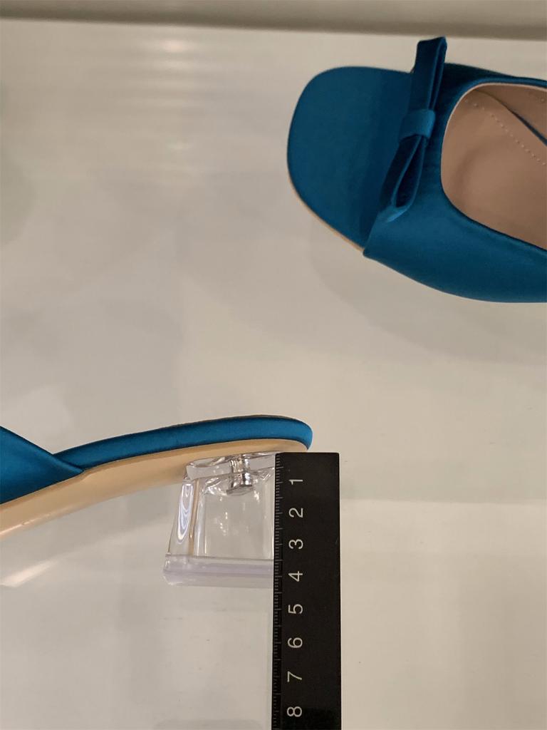 Transparent crystal thick heel bow satin French cool slippers women's shoes outer wear 2025 summer medium and high heel sandals